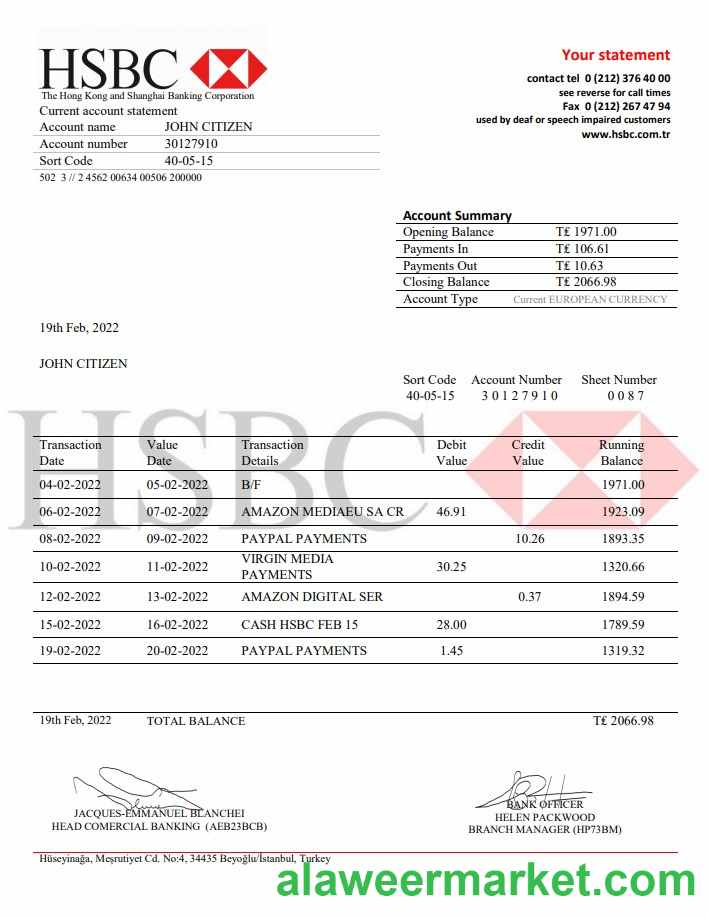 Turkey HSBC bank statement